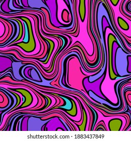 Cartoon Colorful Psychedelic Wavy Seamless Pattern. Kids Curved Lines Background In Bright Pink Violet And Green