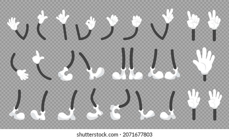 Cartoon comic legs and hands. Simple graphic, cute arm in white gloves and feet in boots or shoes. Isolated different gestures characters, retro animation kit illustration