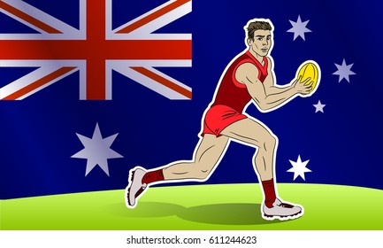 Cartoon Comics Style Raster Illustration Of Australian Rules Football Player. Aussie Sport. Running Man Holding A Ball. Activity, Game, Athlete, Sportsman.