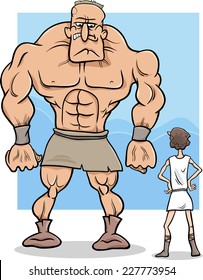 Cartoon Concept Illustration Of David And Goliath Myth Or Saying