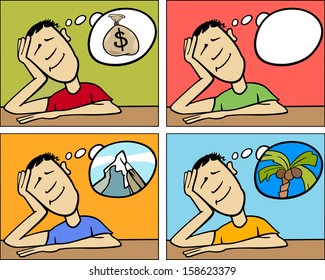 Cartoon Concept Illustration of Funny Man Dreaming about Wealth or Vacation