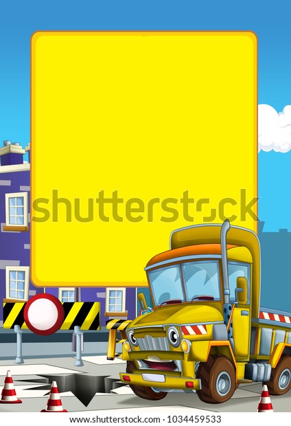 cartoon construction truck on the street of the\
city - illustration for\
children