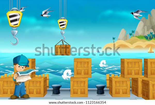 Cartoon construction worker and\
another in forklift - on white background - illustration for\
children