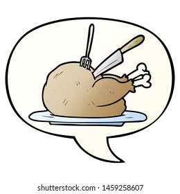 cartoon cooked turkey being carved and speech bubble in smooth gradient style
