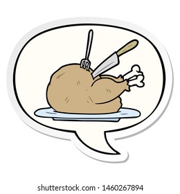 cartoon cooked turkey being carved and speech bubble sticker