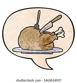 cartoon cooked turkey being carved and speech bubble in retro texture style