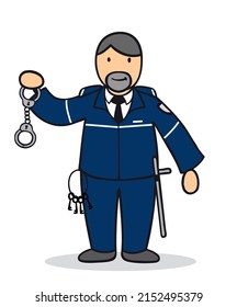 Cartoon correctional officer as prison guard with handcuffs