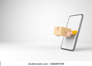 Cartoon courier hans from smartphone in yellow jacket holding cardboard box over white background. Online shopping and delivery concept. 3d render illustration.