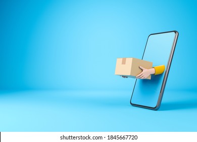 Cartoon courier hans from smartphone in yellow jacket holding cardboard box over blue background. Online shopping and delivery concept. 3d render illustration.
