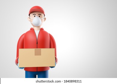 Cartoon courier  in red jacket, cap medical mask and gloves holding a cardboard box on a white background.Online shopping and safe quarantine delivery concept. 3d render illustration.