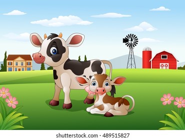 Cartoon Cow And Calf With Farm Background