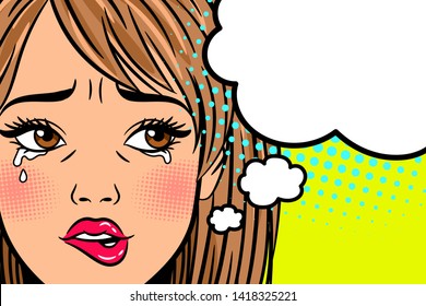 Cartoon Crying Woman. Annoyed, Depressed And Exhausted Young Lady With Curved Mouth In Retro Style, Illustrationj