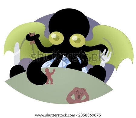 Cartoon Cthulhu eating people, who run in madness and despair Stock fotó © 