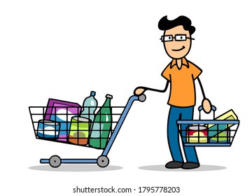 Cartoon Customer Full Shopping Cart While Stock Illustration 1795778203 ...