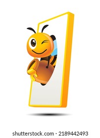 Cartoon Cute Bee Holding Honey Pot Coming Out Of Mobile Phone Screen. Honey Online Business Concept With Bee Mascot Illustration