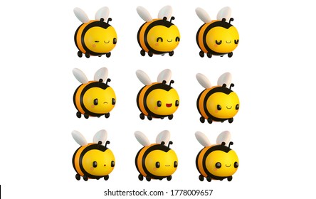 Cartoon Cute Bee Set Pack Emotion Collection 3d Render