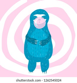 Cartoon cute blue sloth inflates a bubble of gum.  illustration.