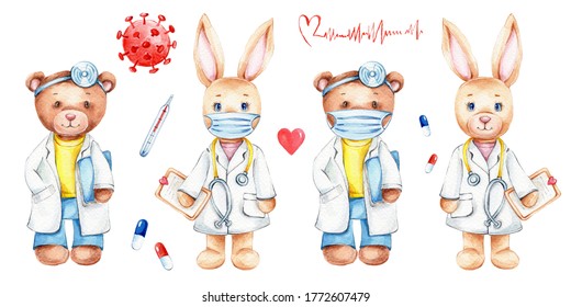 Cartoon cute doctors bunny   teddy bear   thermometer  virus  pills  tablets  mask  red heart; watercolor hand draw illustration; and white isolated background