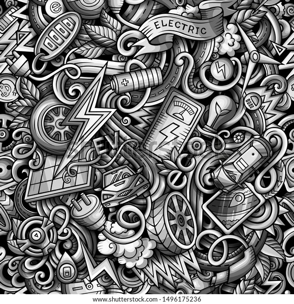 Cartoon cute doodles\
Electric vehicle seamless pattern.Monochrome detailed, with lots of\
objects background. All objects separate. Backdrop with eco cars\
symbols and\
items