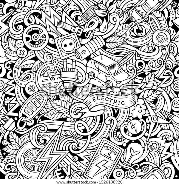 Cartoon cute doodles Electric vehicle seamless\
pattern. Line art detailed, with lots of objects background.\
Backdrop with eco cars symbols and\
items