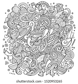 Cartoon cute doodles hand drawn Mexican food illustration. Line art detailed, with lots of objects background. Funny artwork. Sketchy picture with Mexico cuisine theme items - Powered by Shutterstock