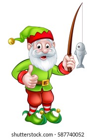 A Cartoon Cute Garden Gnome Or Elf Character Holding A Fishing Rod