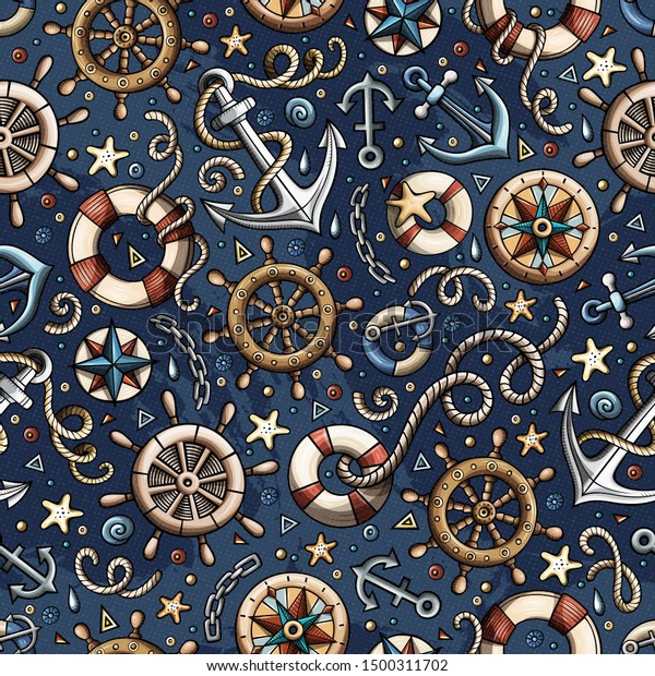 カートーンのかわいい手描きの海図 海のシームレスなパターン 多くのオブジェクトの背景にカラフルな詳細 無限の面白いイラスト 明るい色の背景 のイラスト素材