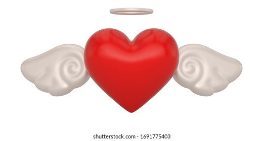 Cartoon Cute Heart With Wings Isolated On White Background. 3D Illustration.