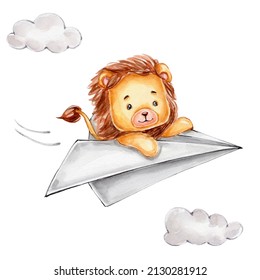 Cartoon cute lion on paper plane; watercolor hand drawn illustration; with white isolated background