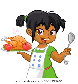 Cartoon cute little arab or afro-american girl in apron serving roasted thanksgiving turkey dish holding a tray and spoon.  Thanksgiving design - Powered by Shutterstock