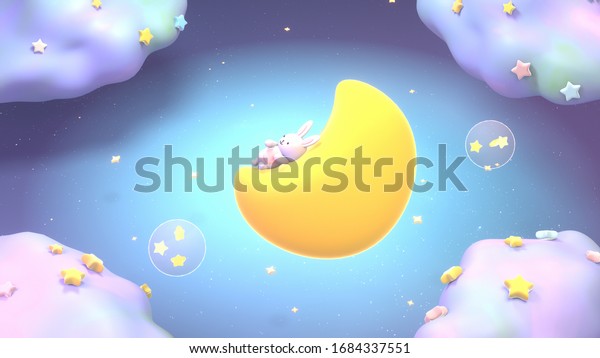 黄色い三日月に横たわる漫画のかわいい小さなバニー 夜空に星と泡を持つ 美しいパステル色の雲 3dレンダリング画像 のイラスト素材
