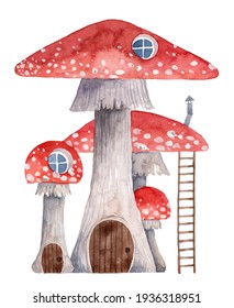 Cartoon Cute Mushroom House With Chimney And Ladder. Hand Painted Watercolor Fairy Tale House. Amanita Fly Agaric Poisonous Mushroom House With Windows