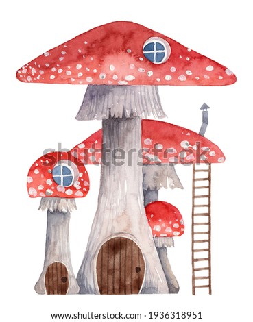 Cartoon cute mushroom house with chimney and ladder. Hand painted watercolor fairy tale house. Amanita fly agaric poisonous mushroom house with windows