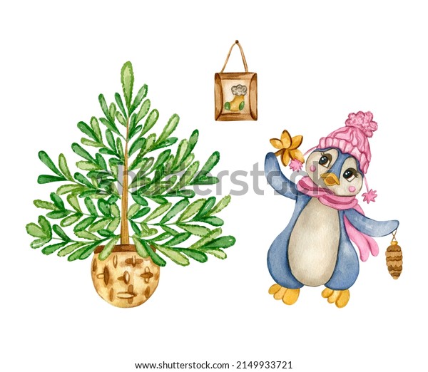 Cartoon cute  penguin\
decoraing Christmas tree. Watercolor antartic characters. Christmas\
penguin. 
