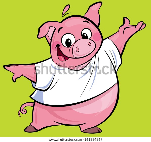 Cartoon cute pink pig character making a presentation gesture wearing a T-shirt in green background