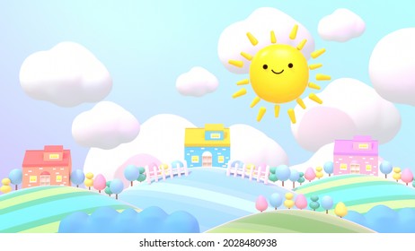 Cartoon Cute Smiling Sun And Sweet Home. 3d Rendered Picture.