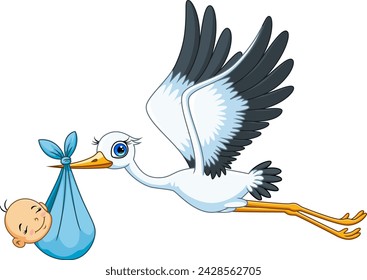 Cartoon of a cute stork carrying a newborn baby - Powered by Shutterstock