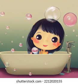 Cartoon Cute Style Asian Bathing Beauties, Sweet Colorful, Bathing, Relaxation, Self-care, Diversity, Hygiene, Spa, Bath Time, Personal Care Products, Female Character, 