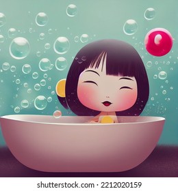 Cartoon Cute Style Asian Bathing Beauties, Sweet Colorful, Bathing, Relaxation, Self-care, Diversity, Hygiene, Spa, Bath Time, Personal Care Products, Female Character, 