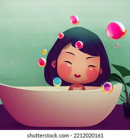 Cartoon Cute Style Asian Bathing Beauties, Sweet Colorful, Bathing, Relaxation, Self-care, Diversity, Hygiene, Spa, Bath Time, Personal Care Products, Female Character, 