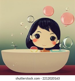 Cartoon Cute Style Asian Bathing Beauties, Sweet Colorful, Bathing, Relaxation, Self-care, Diversity, Hygiene, Spa, Bath Time, Personal Care Products, Female Character, 