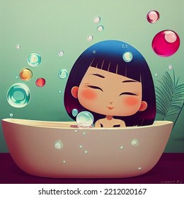 Cartoon Cute Style Asian Bathing Beauties, Sweet Colorful, Bathing, Relaxation, Self-care, Diversity, Hygiene, Spa, Bath Time, Personal Care Products, Female Character, 