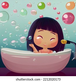 Cartoon Cute Style Asian Bathing Beauties, Sweet Colorful, Bathing, Relaxation, Self-care, Diversity, Hygiene, Spa, Bath Time, Personal Care Products, Female Character, 