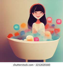 Cartoon Cute Style Asian Bathing Beauties, Sweet Colorful, Bathing, Relaxation, Self-care, Diversity, Hygiene, Spa, Bath Time, Personal Care Products, Female Character, 