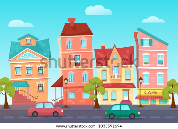 Cartoon cute suburban countryside street of a\
colorful city with cafe and\
shops.
