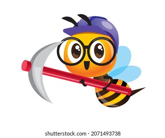 Cartoon cute worker bee with purple safety cap and holding big pickaxe. Cute bee wearing eye glasses. Illustration character
