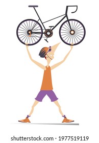 Cartoon Cyclist Man With A Bike Illustration.
Smiling Cyclist Man In Helmet And Sunglasses Holds A Bike Overhead Isolated On White
