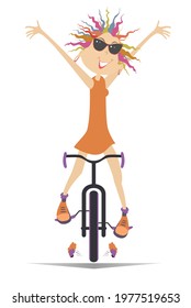 Cartoon Cyclist Woman Rides A Bike Illustration.
Happy Cyclist Young Woman In Sunglasses Rides A Bike And Raises Hands Overhead Isolated On White
