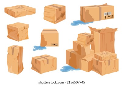 Cartoon Damaged, Torn And Wet Cardboard Delivery Boxes And Piles. Crumpled Crushed Cargo Carton Package And Parcels. Bad Shipping  Set. Wrinkled And Leaking Containers, Failed Logistic