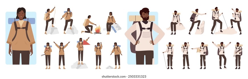 Cartoon dark skin man woman separated travelers hiking, camping, kayaking, climbing, young camper characters enjoy tourism adventures together isolated. People tourists poses illustration set - Powered by Shutterstock